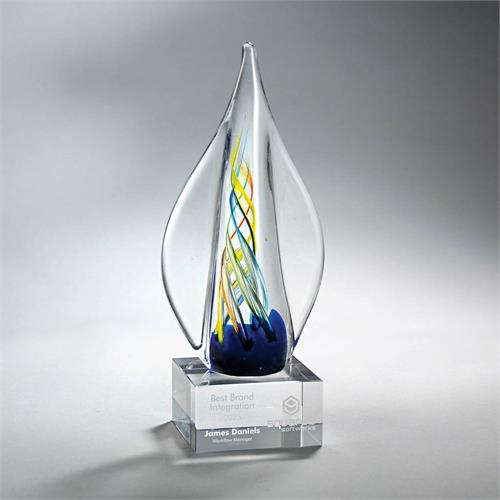 Swirl art glass, online hand blown glass swirl, blown glass sculpture, corporate glass award, achievement glass award, colorful glass art sculpture