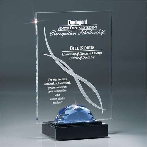 Rectangle Lucite Award with Blue Glass Gemstone on Marble Base